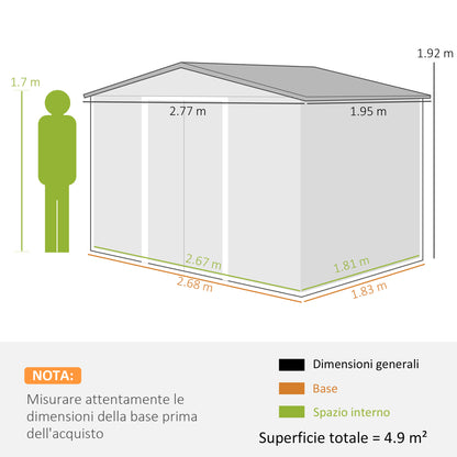 Garden Shed 5 m² with Foundation, 4 Air Vents, and 2 Sliding Doors, Steel Tool Shed, 277x195x192 cm, Silver