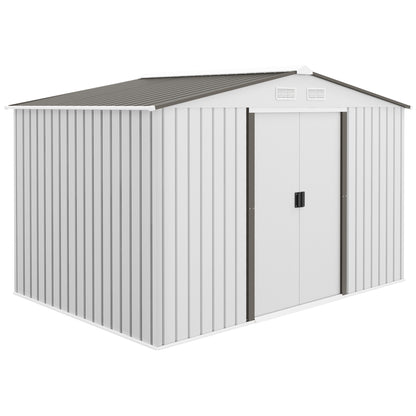 Garden Shed 5 m² with Foundation, 4 Air Vents, and 2 Sliding Doors, Steel Tool Shed, 277x195x192 cm, Silver