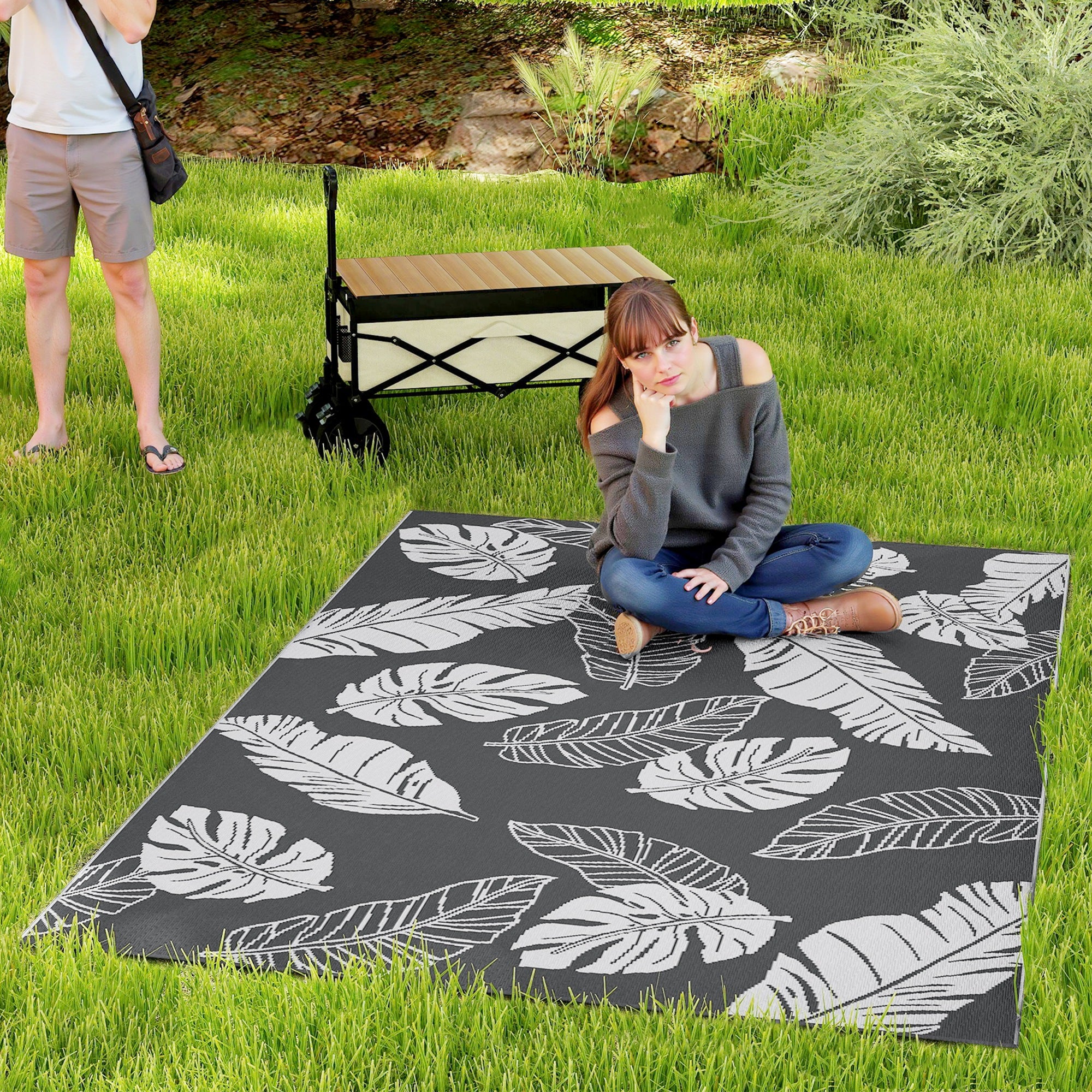 Outdoor Carpet, Camping Mat with Reversible Design, Weatherproof Plastic Rug for Balcony, Terrace, Gray+White, 182 x 274 cm