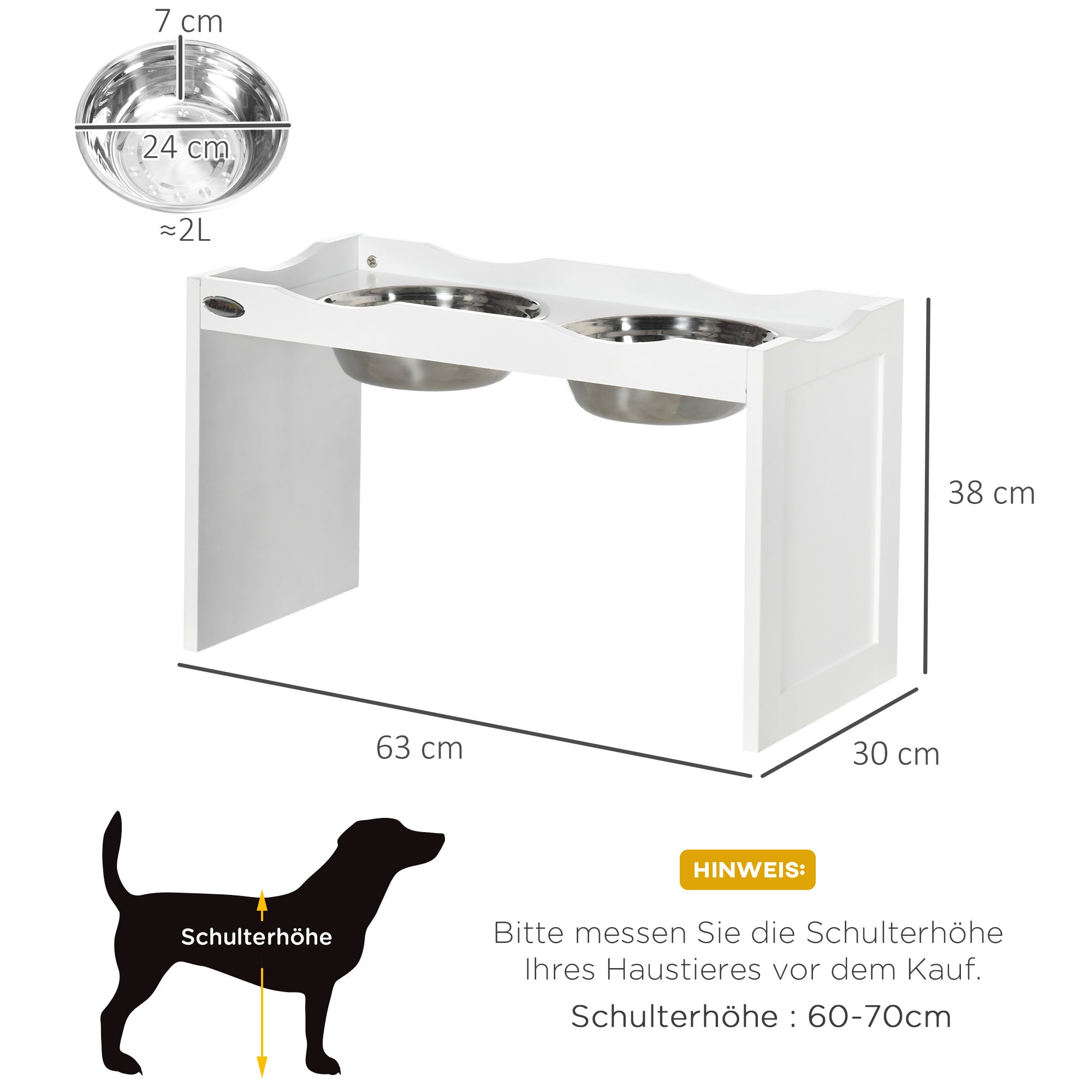 Raised Dog Bowl, Feeding Bowl with Raised Edge, 2 x 2L Removable Stainless Steel Dog Bowl, Feeding Bowl for Very Large Dogs, Feeding Station, White