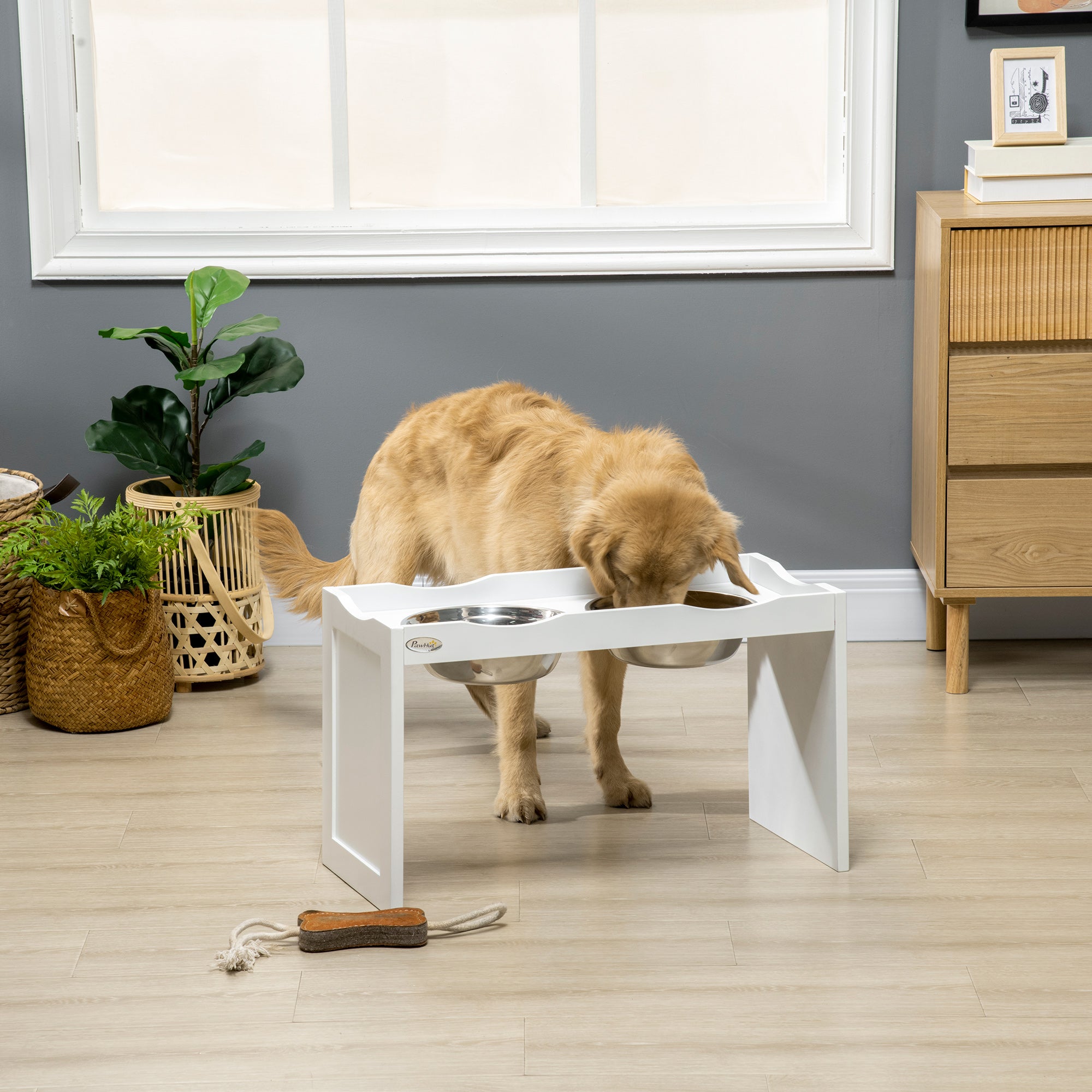 Raised Dog Bowl, Feeding Bowl with Raised Edge, 2 x 2L Removable Stainless Steel Dog Bowl, Feeding Bowl for Very Large Dogs, Feeding Station, White