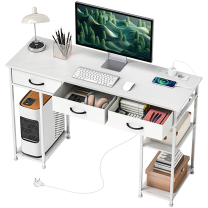 Computer Desk with 2 USB Charging Ports and 2 Power Outlets, Desk with Storage 120 x 40 cm, Adjustable Shelves and 3 Fabric Drawers, Workstation, Steel Frame, White