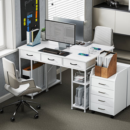 Computer Desk with 2 USB Charging Ports and 2 Power Outlets, Desk with Storage 120 x 40 cm, Adjustable Shelves and 3 Fabric Drawers, Workstation, Steel Frame, White