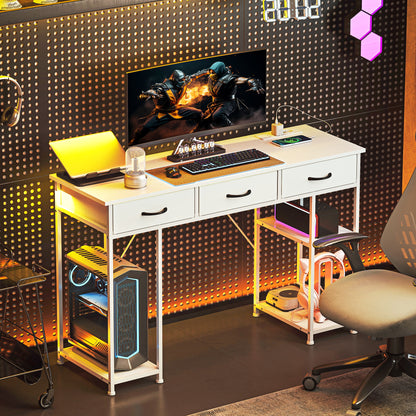 Computer Desk with 2 USB Charging Ports and 2 Power Outlets, Desk with Storage 120 x 40 cm, Adjustable Shelves and 3 Fabric Drawers, Workstation, Steel Frame, White
