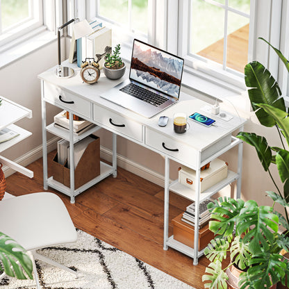 Computer Desk with 2 USB Charging Ports and 2 Power Outlets, Desk with Storage 120 x 40 cm, Adjustable Shelves and 3 Fabric Drawers, Workstation, Steel Frame, White