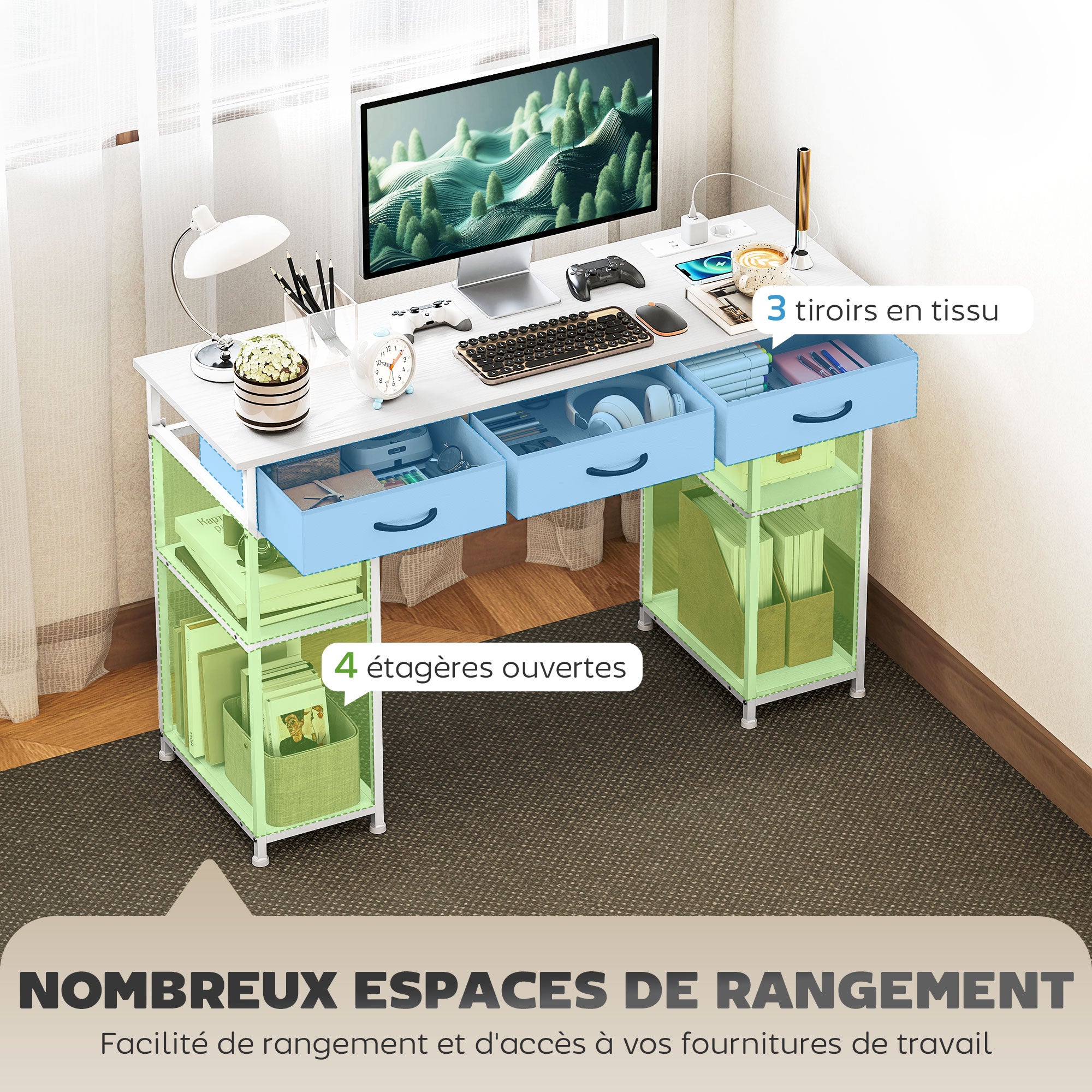 Computer Desk with 2 USB Charging Ports and 2 Power Outlets, Desk with Storage 120 x 40 cm, Adjustable Shelves and 3 Fabric Drawers, Workstation, Steel Frame, White