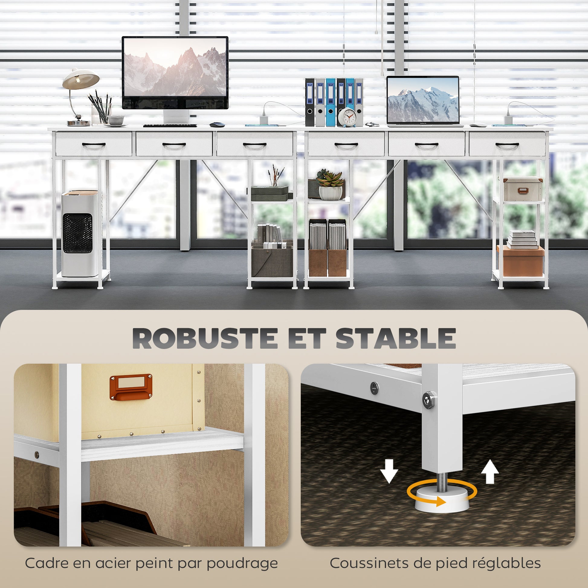 Computer Desk with 2 USB Charging Ports and 2 Power Outlets, Desk with Storage 120 x 40 cm, Adjustable Shelves and 3 Fabric Drawers, Workstation, Steel Frame, White