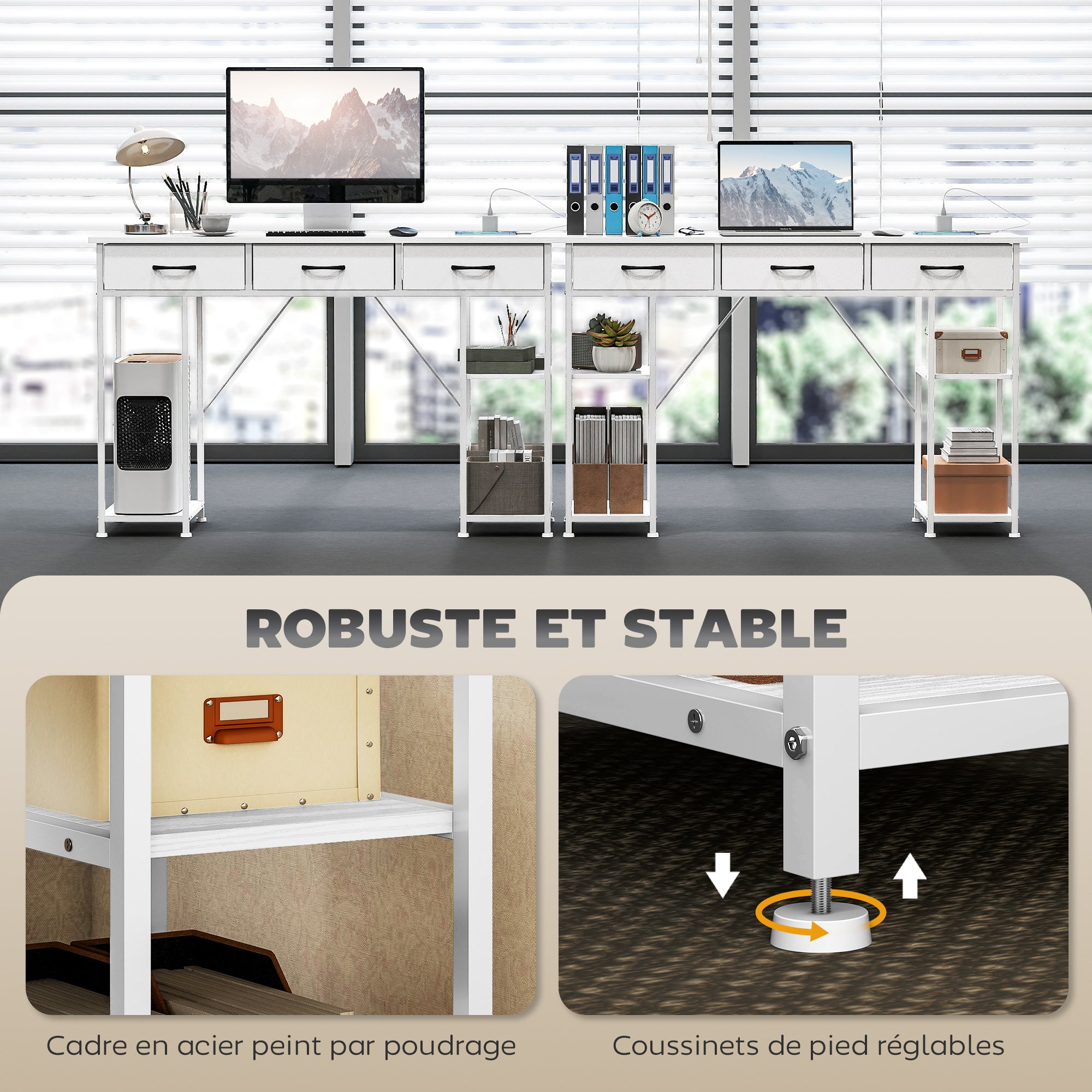 Computer Desk with 2 USB Charging Ports and 2 Power Outlets, Desk with Storage 120 x 40 cm, Adjustable Shelves and 3 Fabric Drawers, Workstation, Steel Frame, White