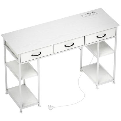 Computer Desk with 2 USB Charging Ports and 2 Power Outlets, Desk with Storage 120 x 40 cm, Adjustable Shelves and 3 Fabric Drawers, Workstation, Steel Frame, White