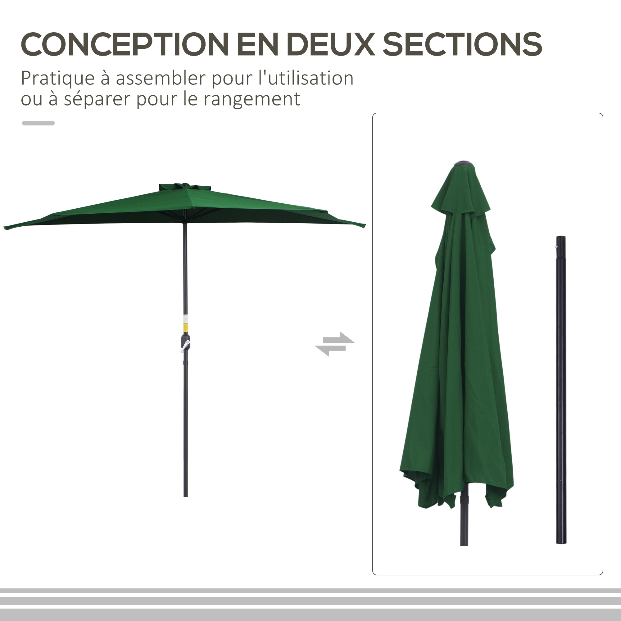 Half Umbrella - Balcony Umbrella 5 Metal Ribs 2.93 x 1.5 x 2.49 m High Density Polyester Green
