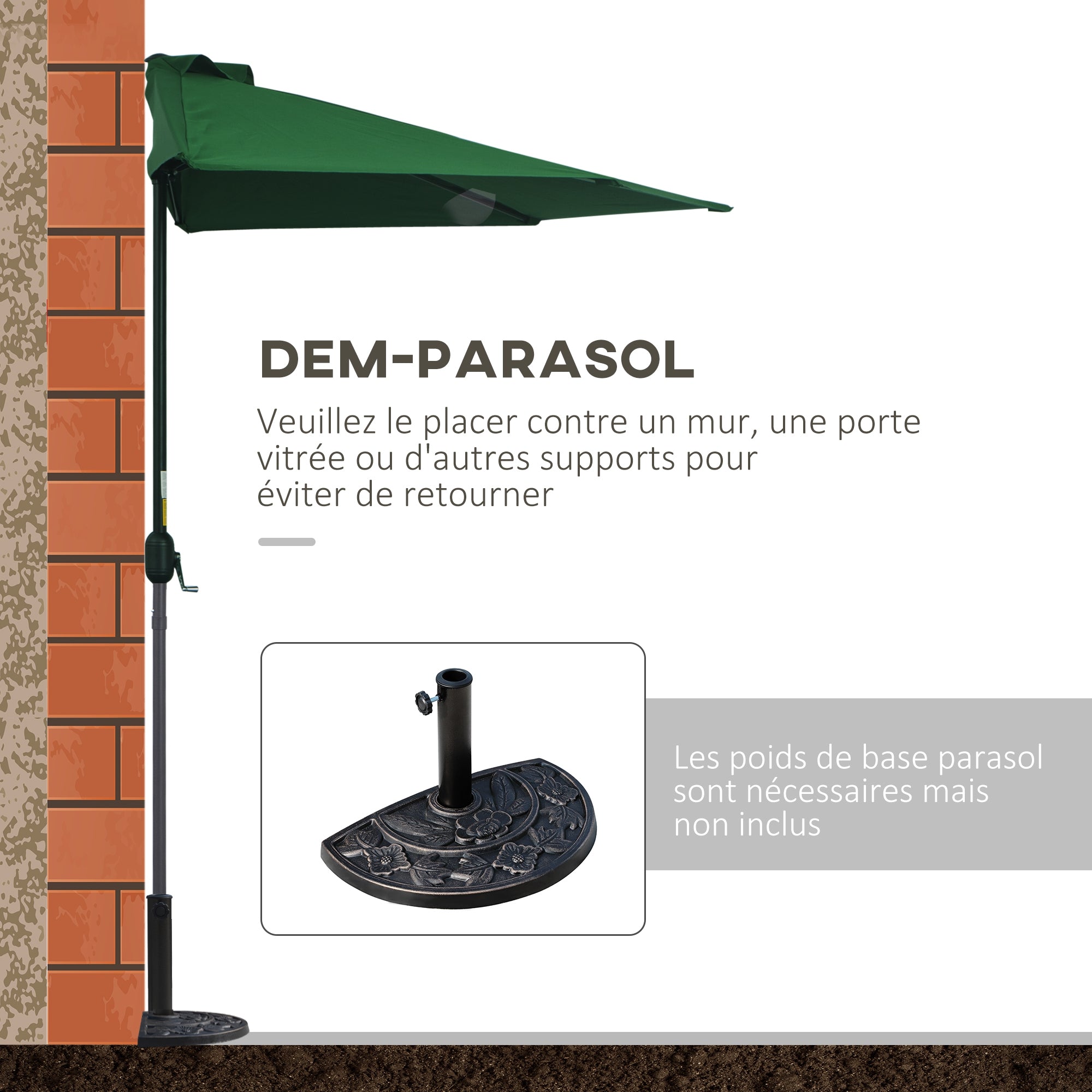 Half Umbrella - Balcony Umbrella 5 Metal Ribs 2.93 x 1.5 x 2.49 m High Density Polyester Green