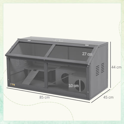 Wooden Dwarf Hamster Cage, 85 x 45 x 44 cm — Small Animal Cage with Top Door, Hanging Bridge, Ladders, House & Feeding Station — Dark Gray