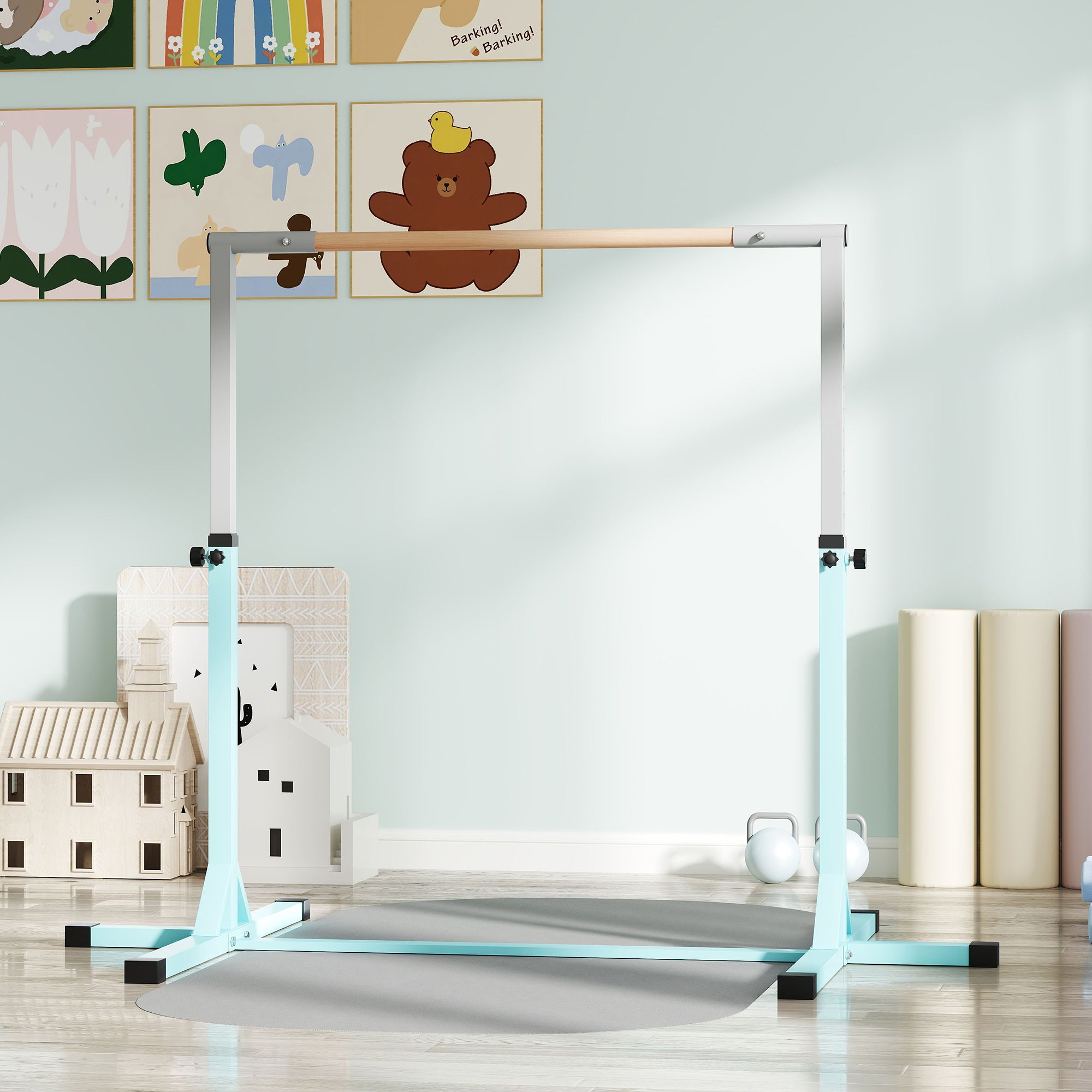 Adjustable Kids Gym Bar – 13 Heights (36–59 in), Beech Wood Bar & Steel Frame, Anti-Slip, Cyan