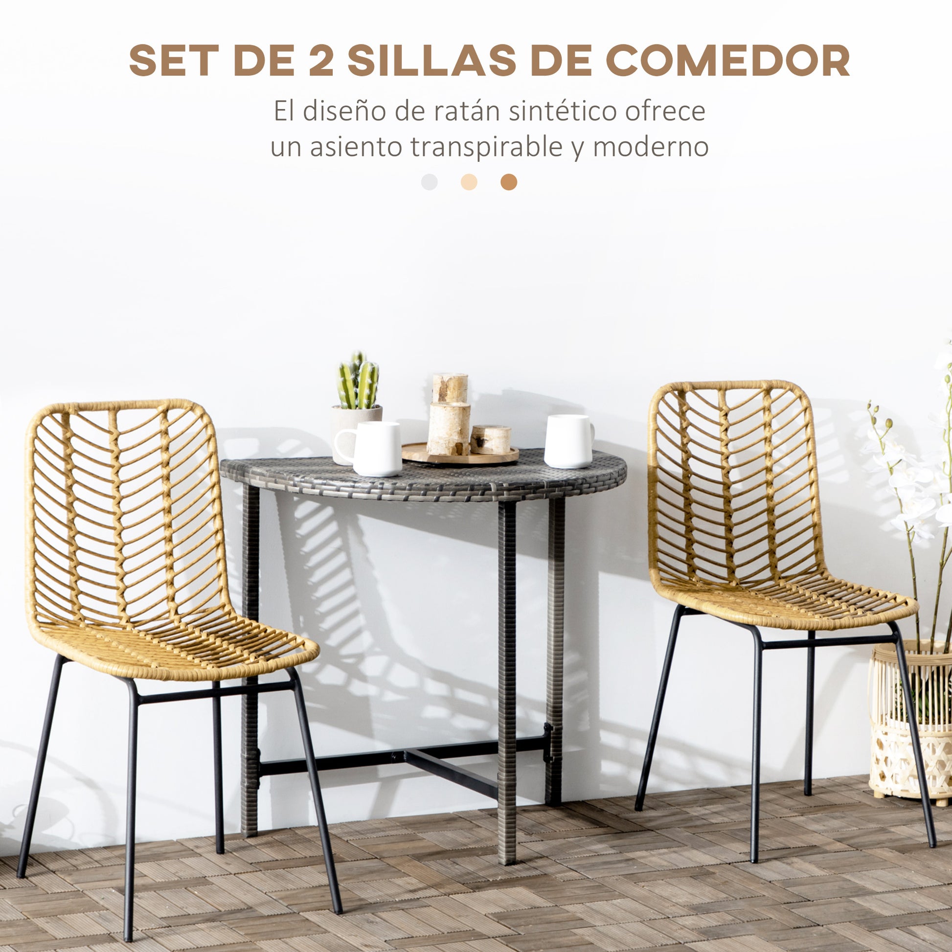 Set of 2 Synthetic Rattan Dining Chairs Kitchen Chairs with Steel Legs for Living Room Balcony Terrace Load 120 kg Natural