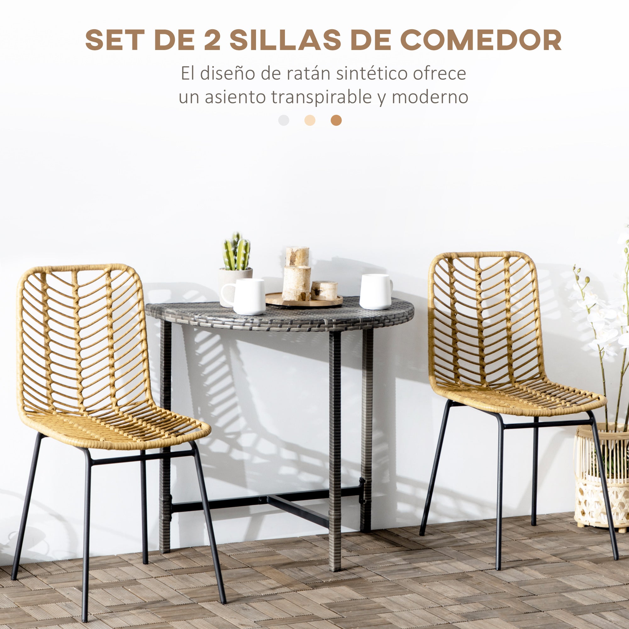 Set of 2 Synthetic Rattan Dining Chairs Kitchen Chairs with Steel Legs for Living Room Balcony Terrace Load 120 kg Natural
