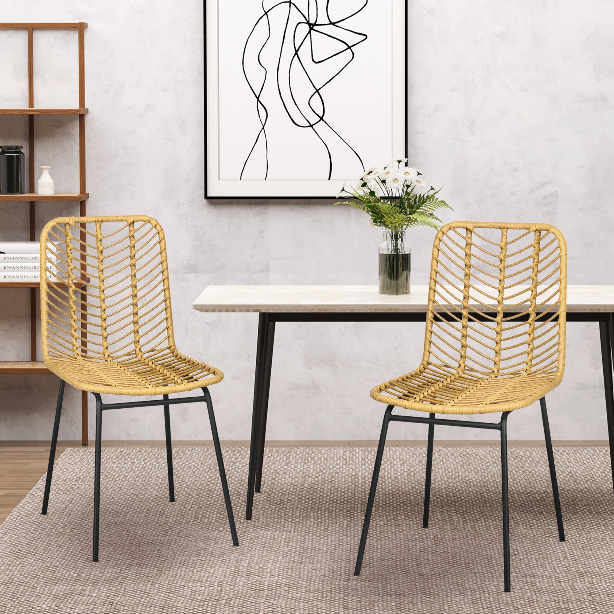 Set of 2 Synthetic Rattan Dining Chairs Kitchen Chairs with Steel Legs for Living Room Balcony Terrace Load 120 kg Natural