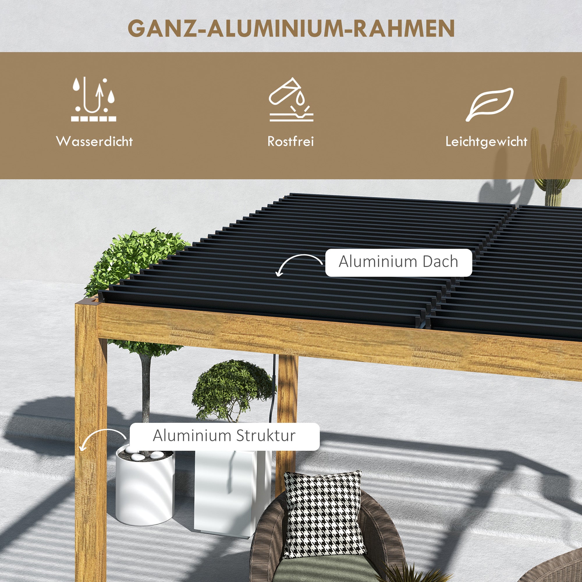 Pergola, approx. 3 x 3 m Pavilion, Garden Pavilion, UV Protection, Patio Cover with Adjustable Roof, for Yard, Balcony, Aluminum, Natural