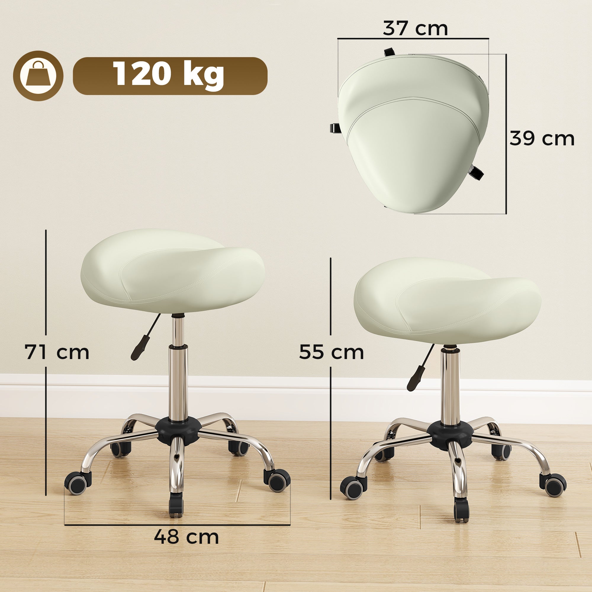 Height-Adjustable Rolling Stool 21.7–28.0 in, Swivel Saddle Seat with Thick Cushion, 360° Office/Salon Massage Spa Stool – Cream