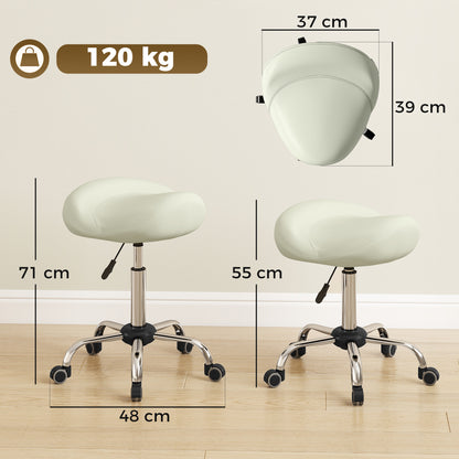 Height-Adjustable Rolling Stool 21.7–28.0 in, Swivel Saddle Seat with Thick Cushion, 360° Office/Salon Massage Spa Stool – Cream