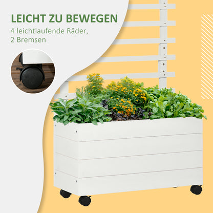 Planter Box with Trellis, Flower Box with Wheels, Raised Bed for Climbing Plants, Garden, Natural Wood, White, 76 x 30 x 155 cm