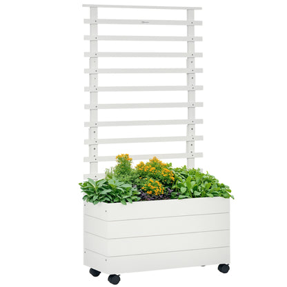 Planter Box with Trellis, Flower Box with Wheels, Raised Bed for Climbing Plants, Garden, Natural Wood, White, 76 x 30 x 155 cm
