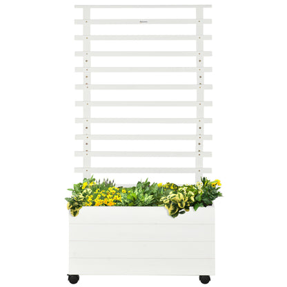 Planter Box with Trellis, Flower Box with Wheels, Raised Bed for Climbing Plants, Garden, Natural Wood, White, 76 x 30 x 155 cm