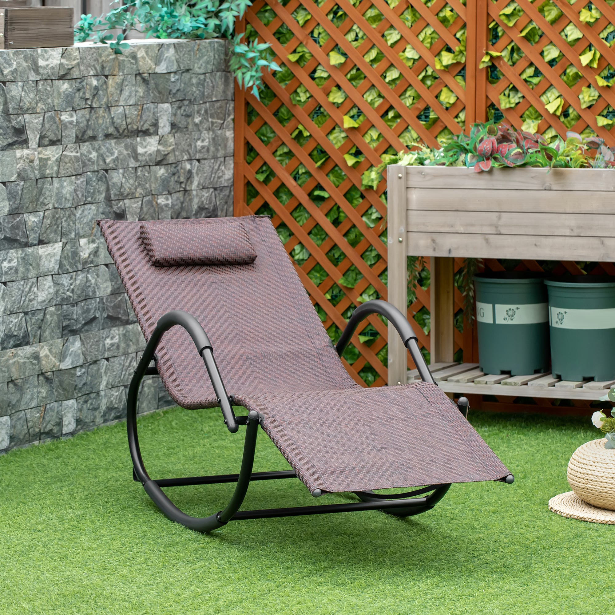 Outdoor Rocking Lounger with Armrests, Headrest, Rattan Effect for Garden Terrace Patio Max Load 160 kg 157x60x80 cm Brown