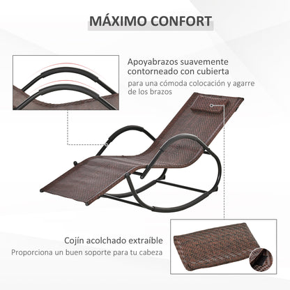 Outdoor Rocking Lounger with Armrests, Headrest, Rattan Effect for Garden Terrace Patio Max Load 160 kg 157x60x80 cm Brown