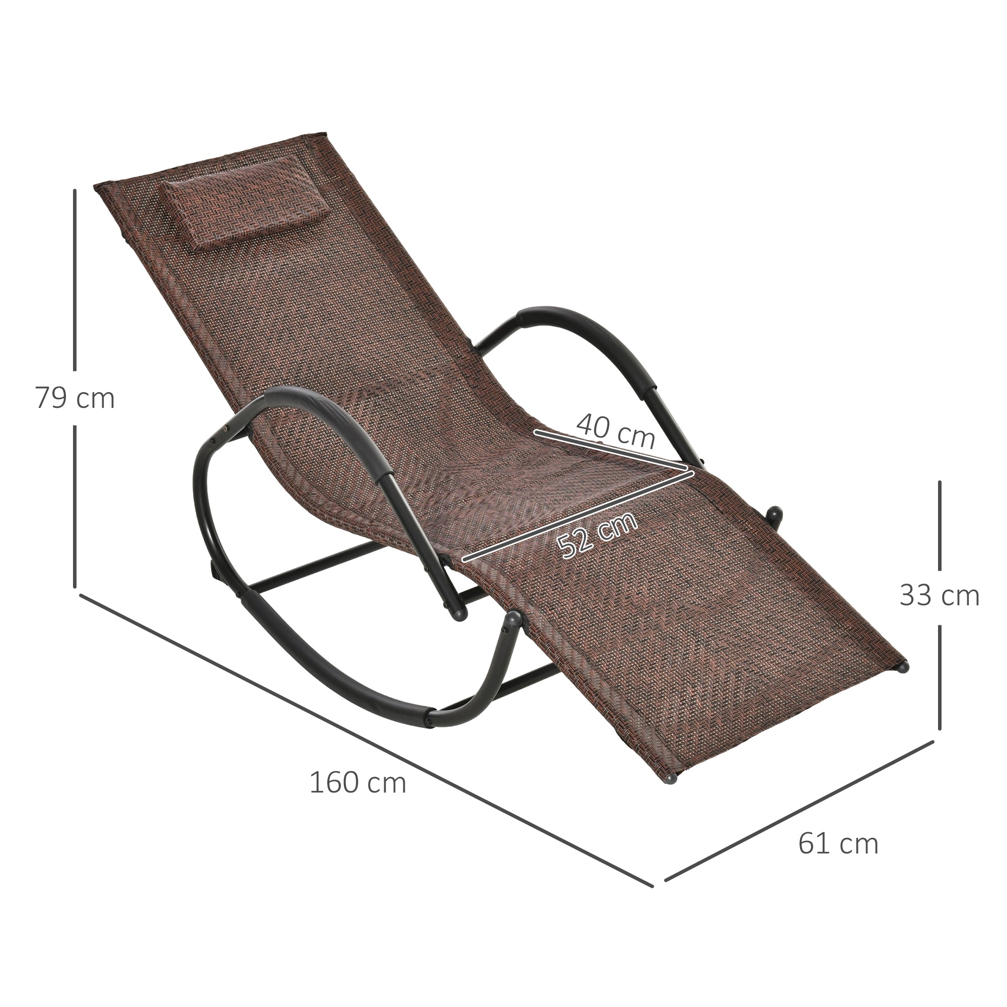 Outdoor Rocking Lounger with Armrests, Headrest, Rattan Effect for Garden Terrace Patio Max Load 160 kg 157x60x80 cm Brown