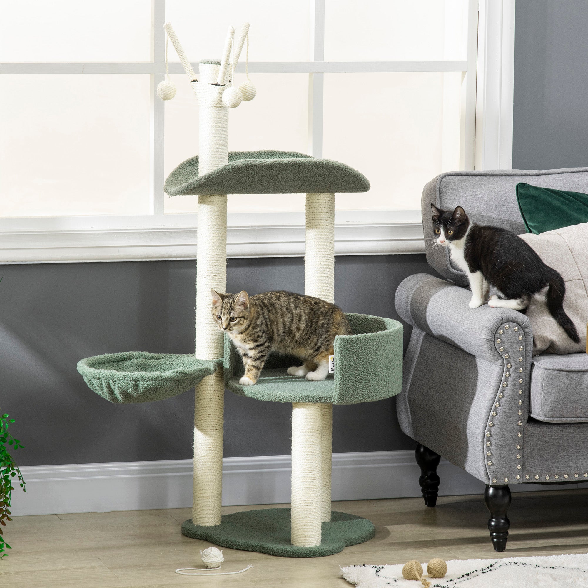 Cat Tree 123H cm Climbing Tree Cat Scratching Post with Basket and Playball Sisal Pillar Cat Scratcher Plush Green+Cream White