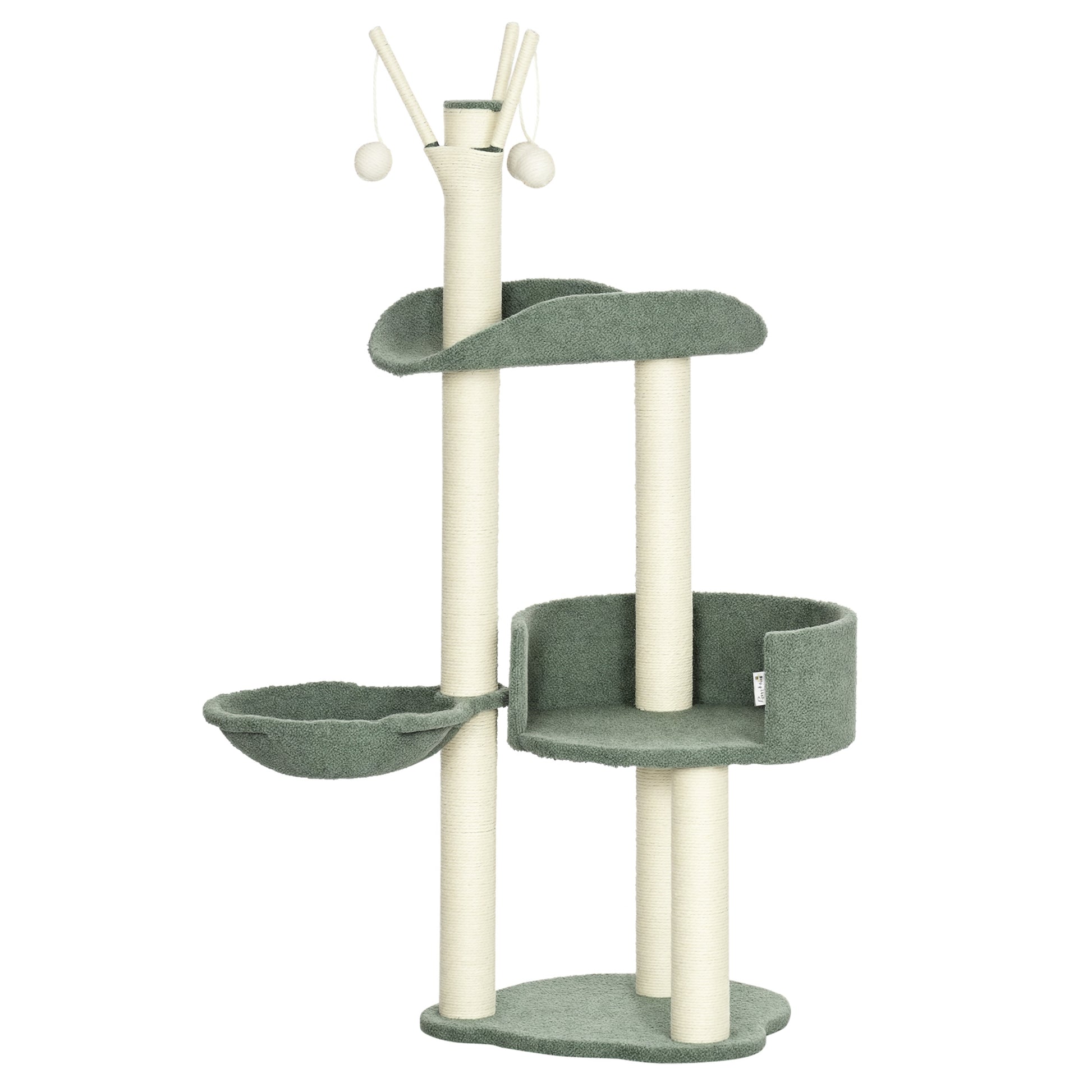 Cat Tree 123H cm Climbing Tree Cat Scratching Post with Basket and Playball Sisal Pillar Cat Scratcher Plush Green+Cream White