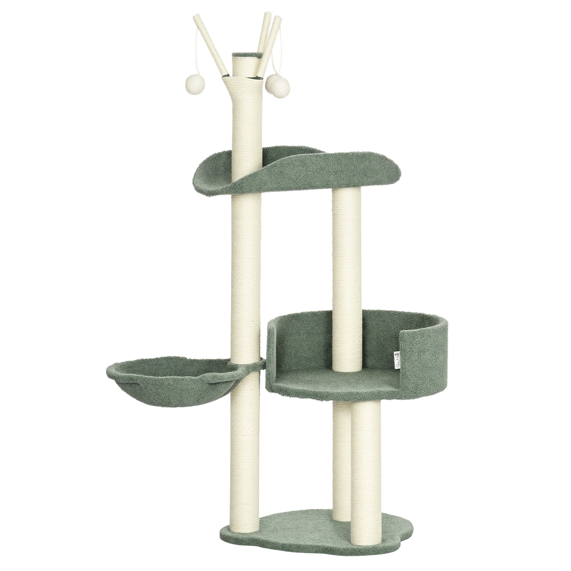 Cat Tree 123H cm Climbing Tree Cat Scratching Post with Basket and Playball Sisal Pillar Cat Scratcher Plush Green+Cream White