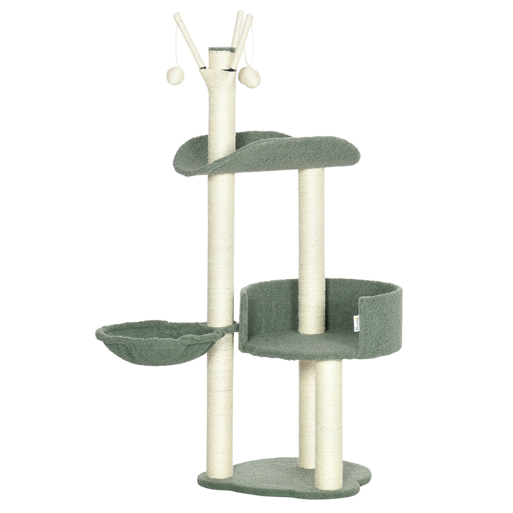 Cat Tree 123H cm Climbing Tree Cat Scratching Post with Basket and Playball Sisal Pillar Cat Scratcher Plush Green+Cream White