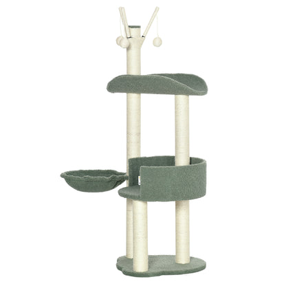 Cat Tree 123H cm Climbing Tree Cat Scratching Post with Basket and Playball Sisal Pillar Cat Scratcher Plush Green+Cream White