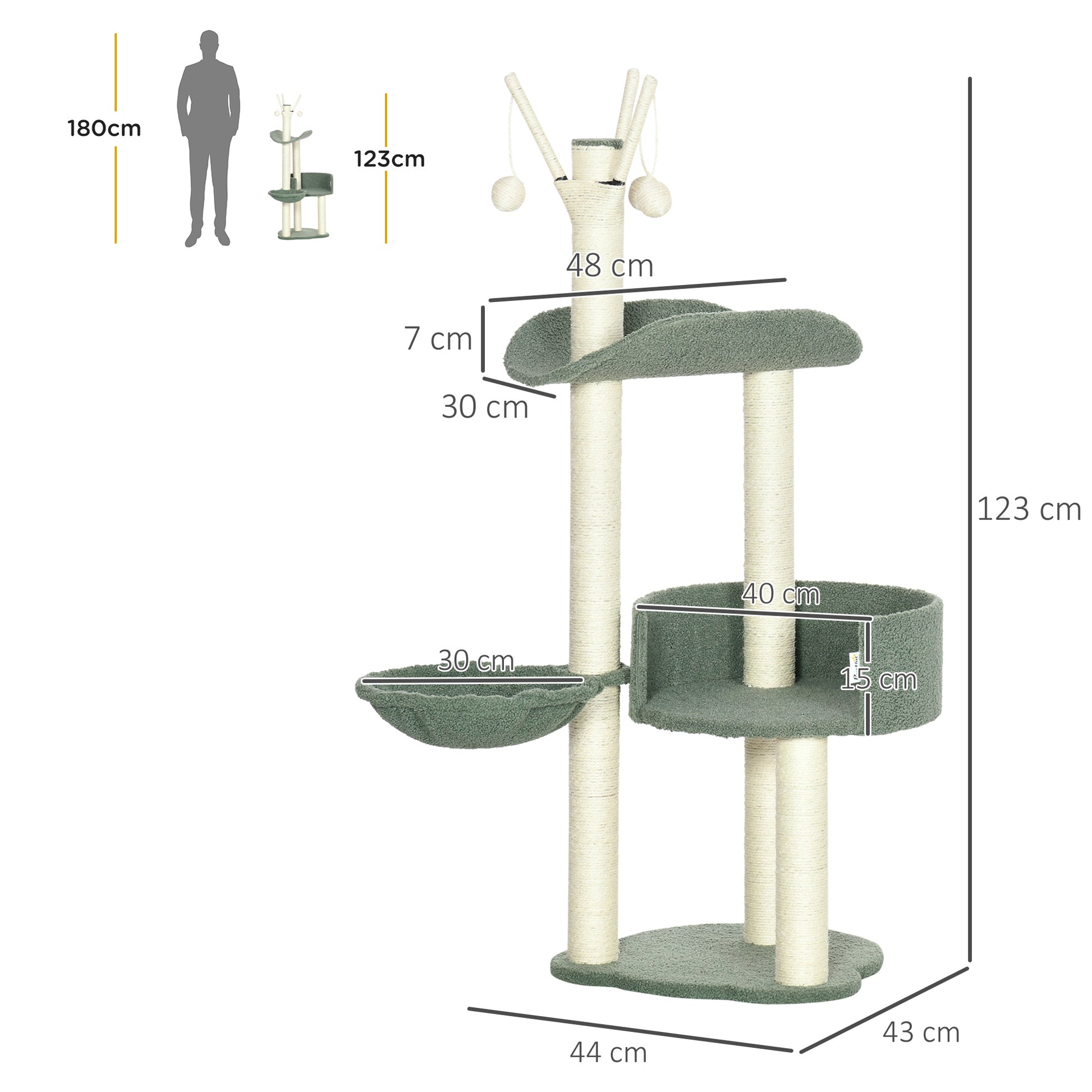 Cat Tree 123H cm Climbing Tree Cat Scratching Post with Basket and Playball Sisal Pillar Cat Scratcher Plush Green+Cream White