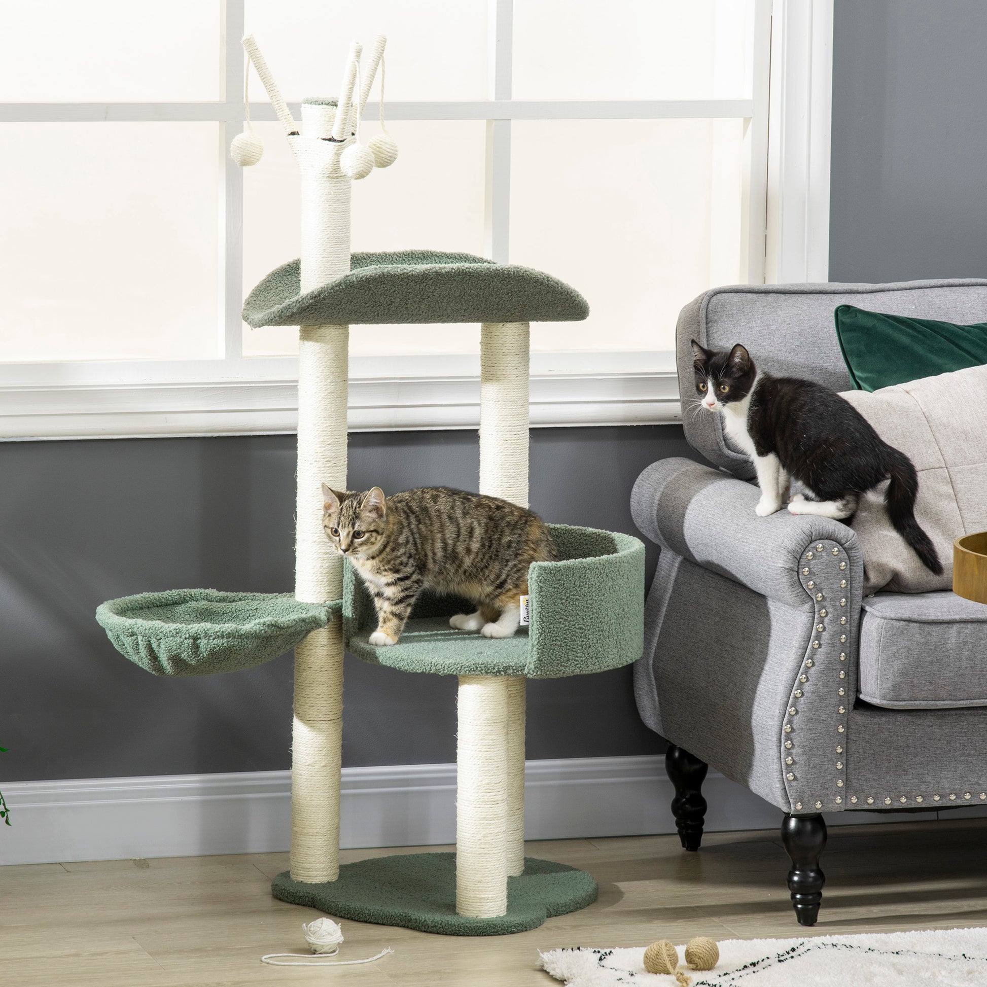 Cat Tree 123H cm Climbing Tree Cat Scratching Post with Basket and Playball Sisal Pillar Cat Scratcher Plush Green+Cream White