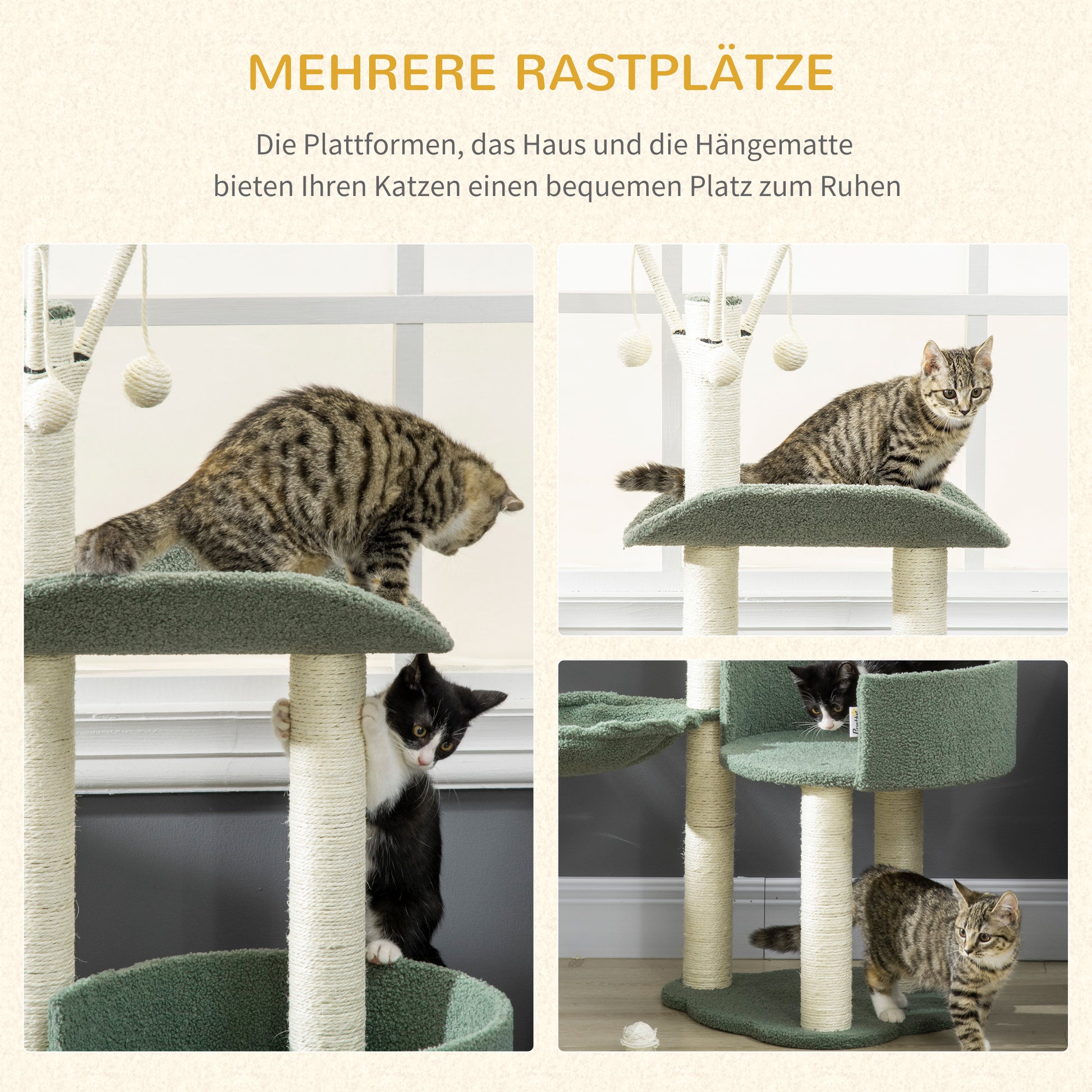 Cat Tree 123H cm Climbing Tree Cat Scratching Post with Basket and Playball Sisal Pillar Cat Scratcher Plush Green+Cream White