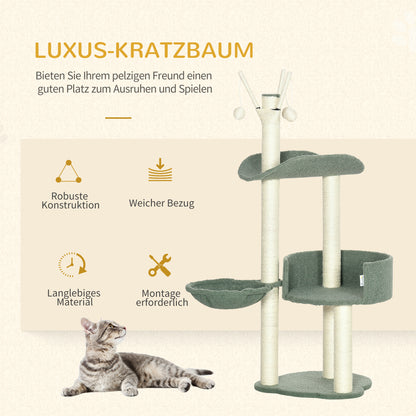 Cat Tree 123H cm Climbing Tree Cat Scratching Post with Basket and Playball Sisal Pillar Cat Scratcher Plush Green+Cream White