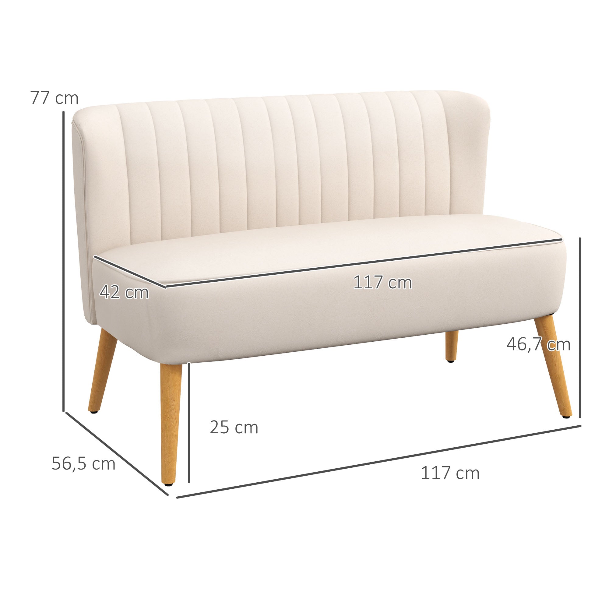 2-Seater Sofa Loveseat, Small Velvet‑Look Upholstered Couch for Living Room & Bedroom, Cream White — 46.1 x 22.2 x 30.3 in