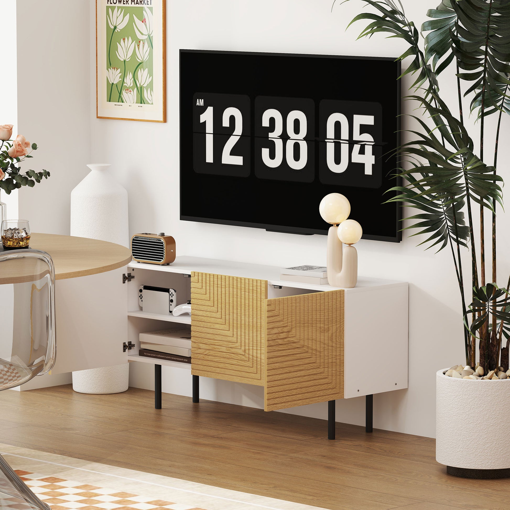 TV Stand Wooden TV Cabinet for TVs up to 65 Inches with Fluted Doors and Cable Management for Living Room Bedroom, Natural Wood Effect