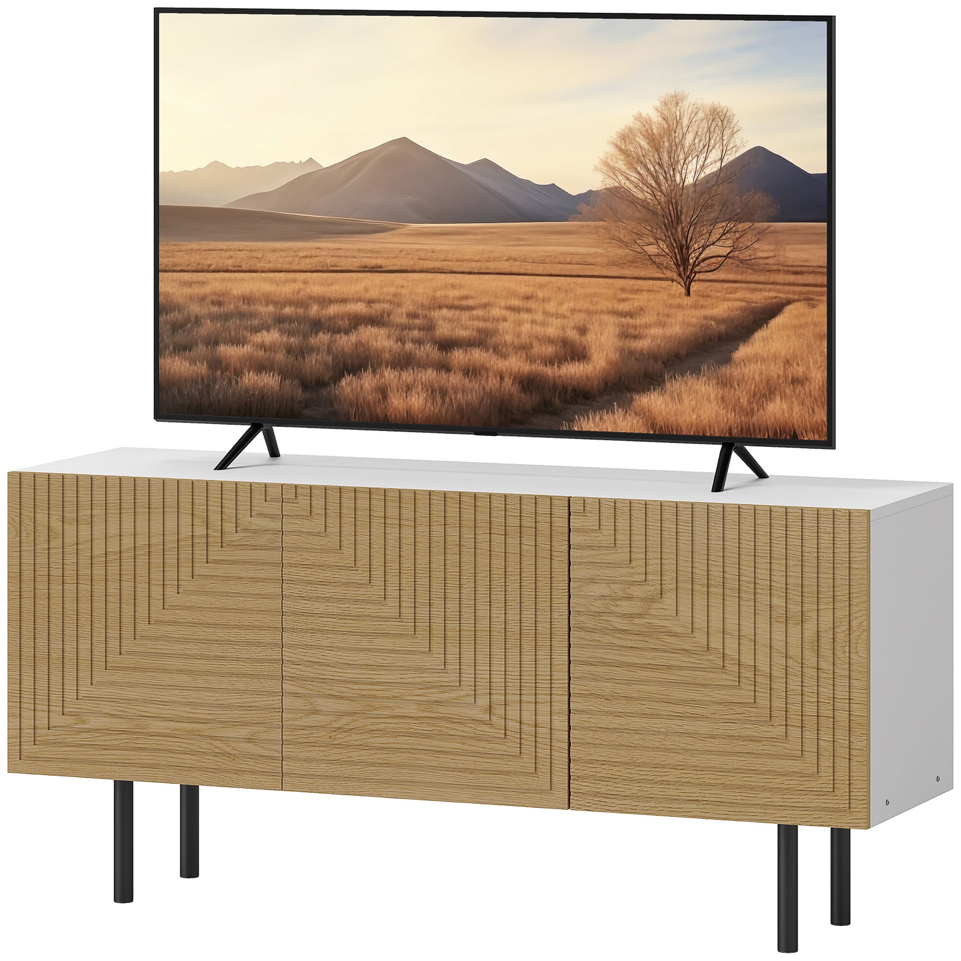 TV Stand Wooden TV Cabinet for TVs up to 65 Inches with Fluted Doors and Cable Management for Living Room Bedroom, Natural Wood Effect