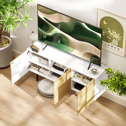 TV Stand Wooden TV Cabinet for TVs up to 65 Inches with Fluted Doors and Cable Management for Living Room Bedroom, Natural Wood Effect