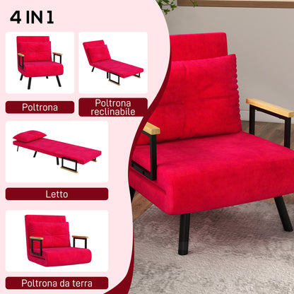 5-Level Adjustable Backrest Sofa Bed with Cushions for Living Room, Upholstered Fabric, Steel and Wood, 63x73x81 cm, Red