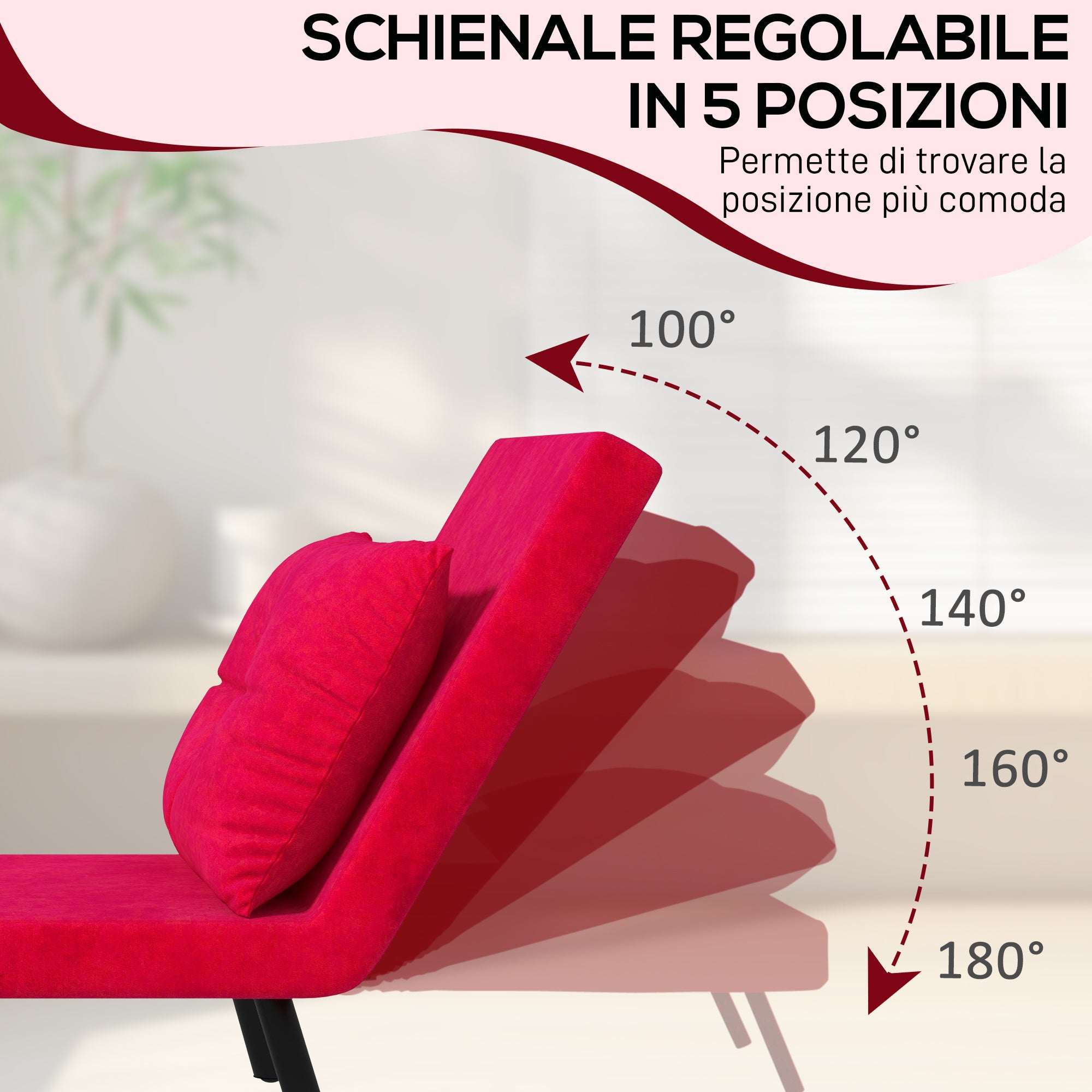 5-Level Adjustable Backrest Sofa Bed with Cushions for Living Room, Upholstered Fabric, Steel and Wood, 63x73x81 cm, Red