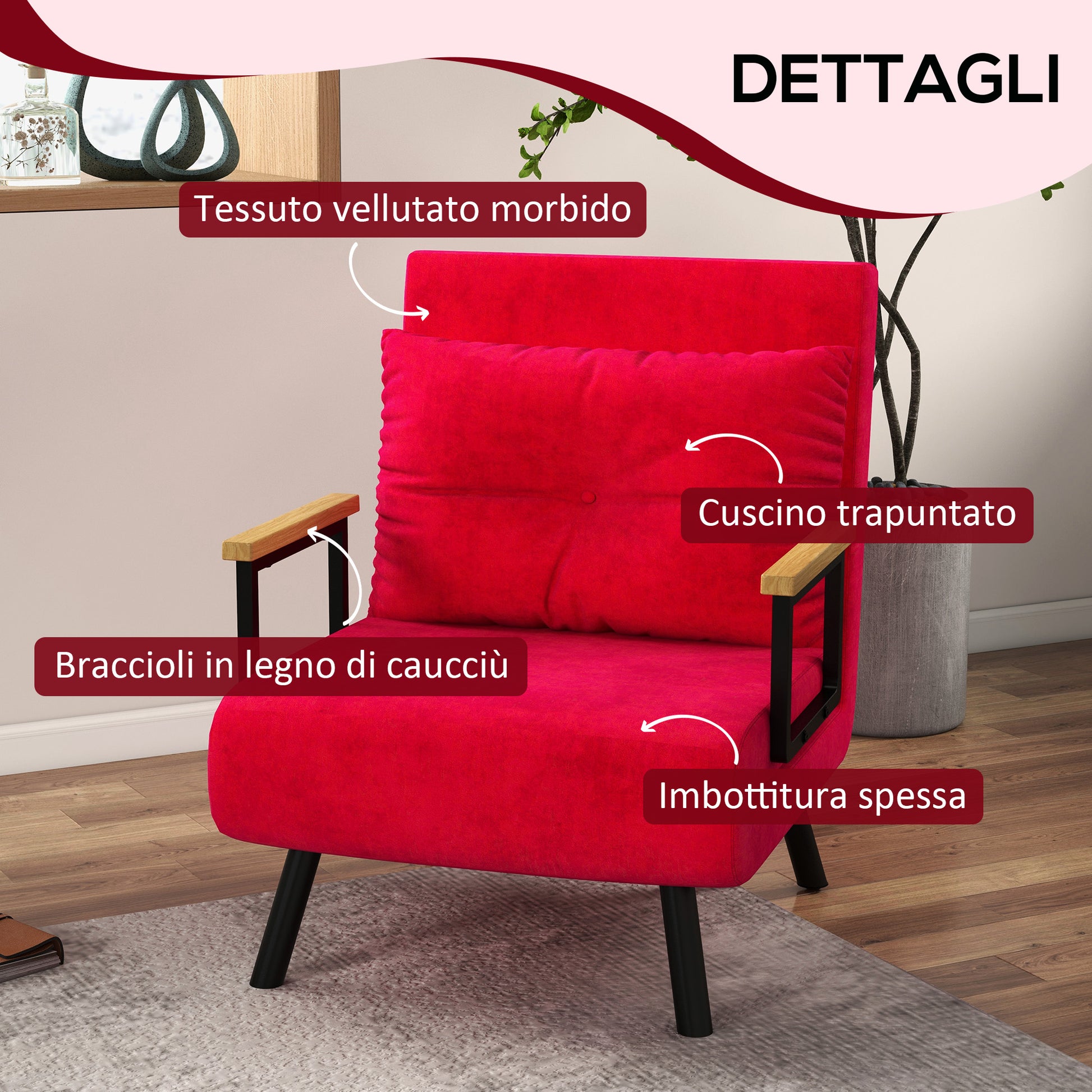 5-Level Adjustable Backrest Sofa Bed with Cushions for Living Room, Upholstered Fabric, Steel and Wood, 63x73x81 cm, Red