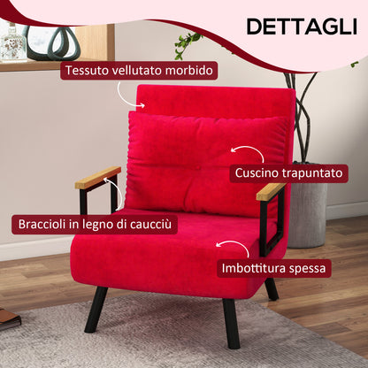 5-Level Adjustable Backrest Sofa Bed with Cushions for Living Room, Upholstered Fabric, Steel and Wood, 63x73x81 cm, Red