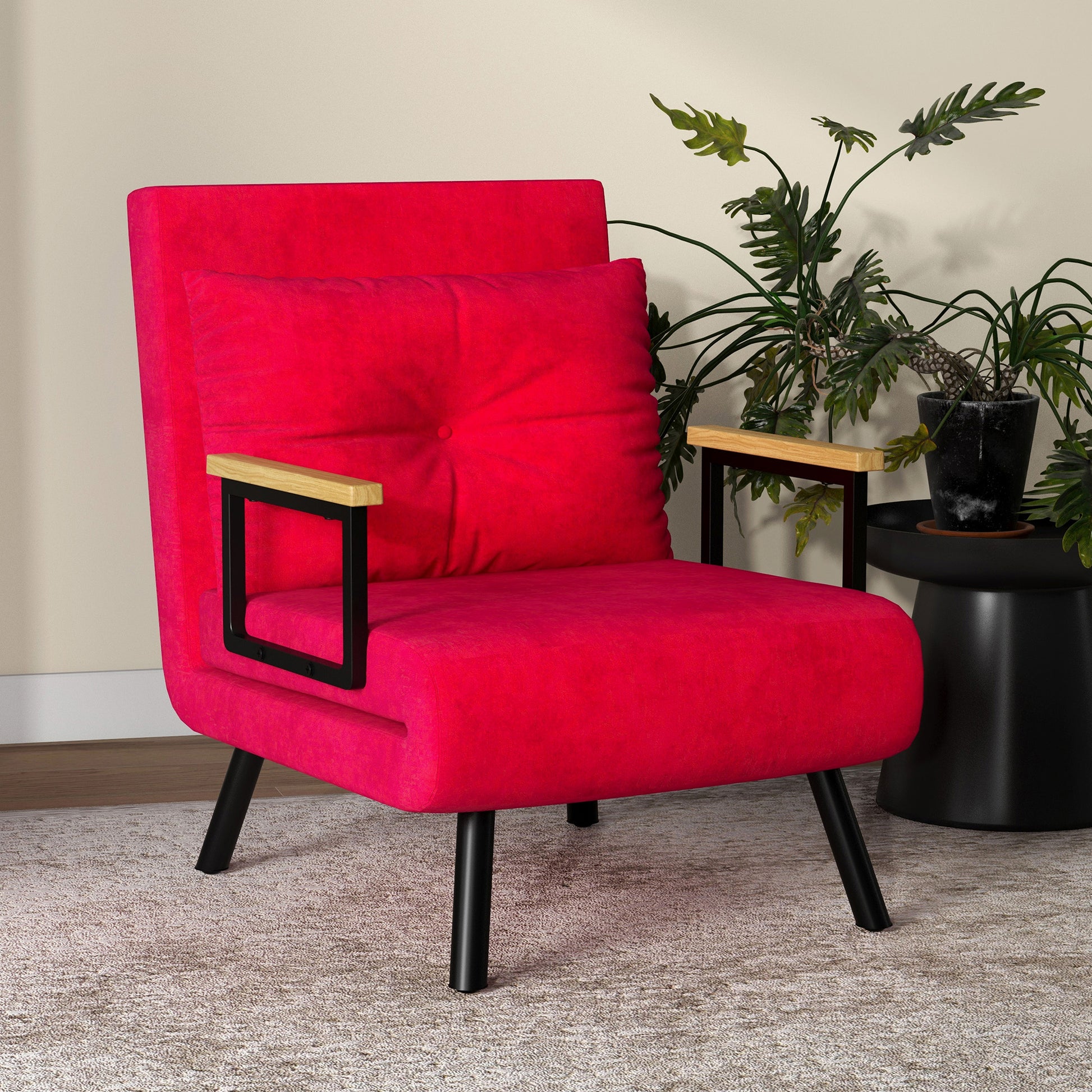 5-Level Adjustable Backrest Sofa Bed with Cushions for Living Room, Upholstered Fabric, Steel and Wood, 63x73x81 cm, Red