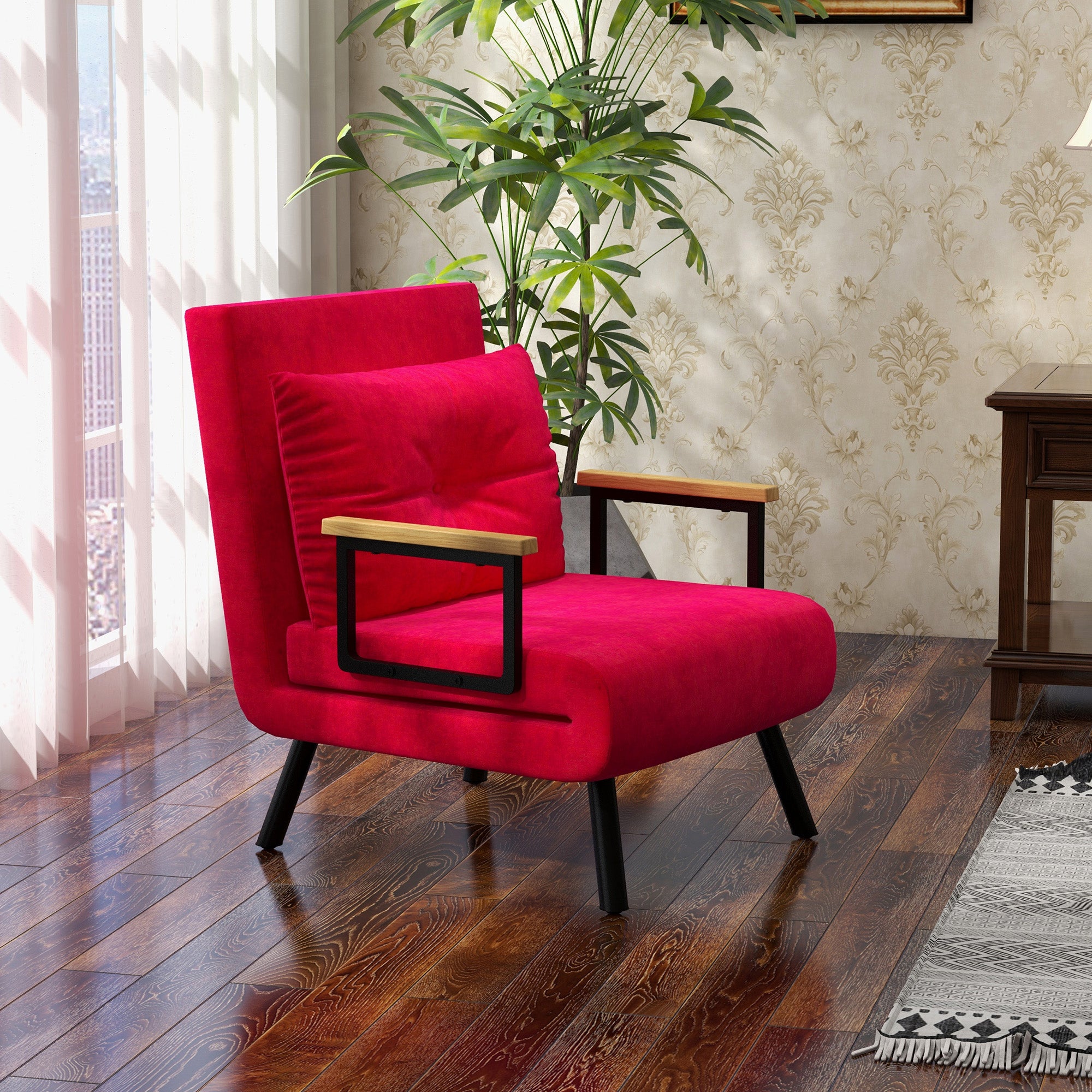 5-Level Adjustable Backrest Sofa Bed with Cushions for Living Room, Upholstered Fabric, Steel and Wood, 63x73x81 cm, Red