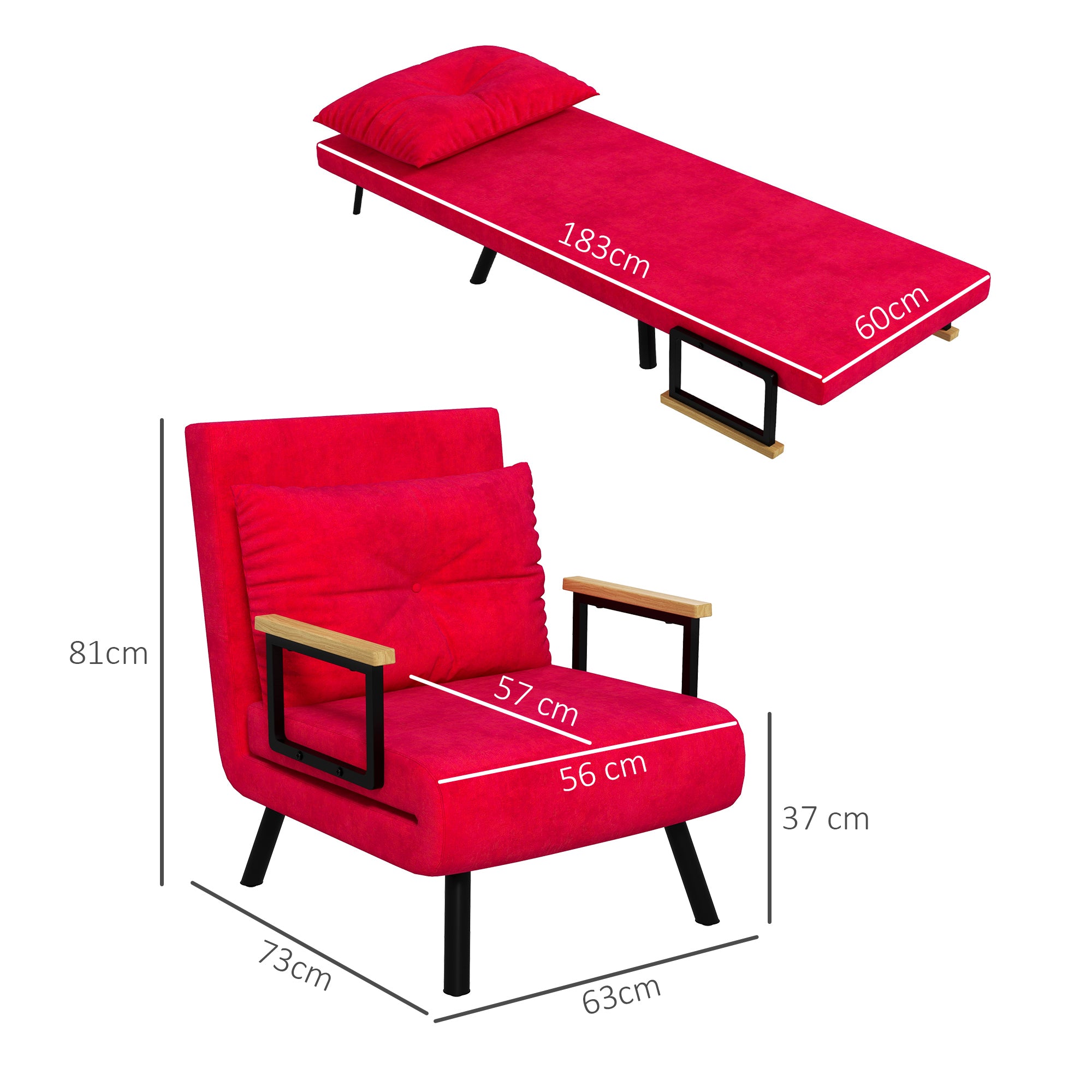 5-Level Adjustable Backrest Sofa Bed with Cushions for Living Room, Upholstered Fabric, Steel and Wood, 63x73x81 cm, Red
