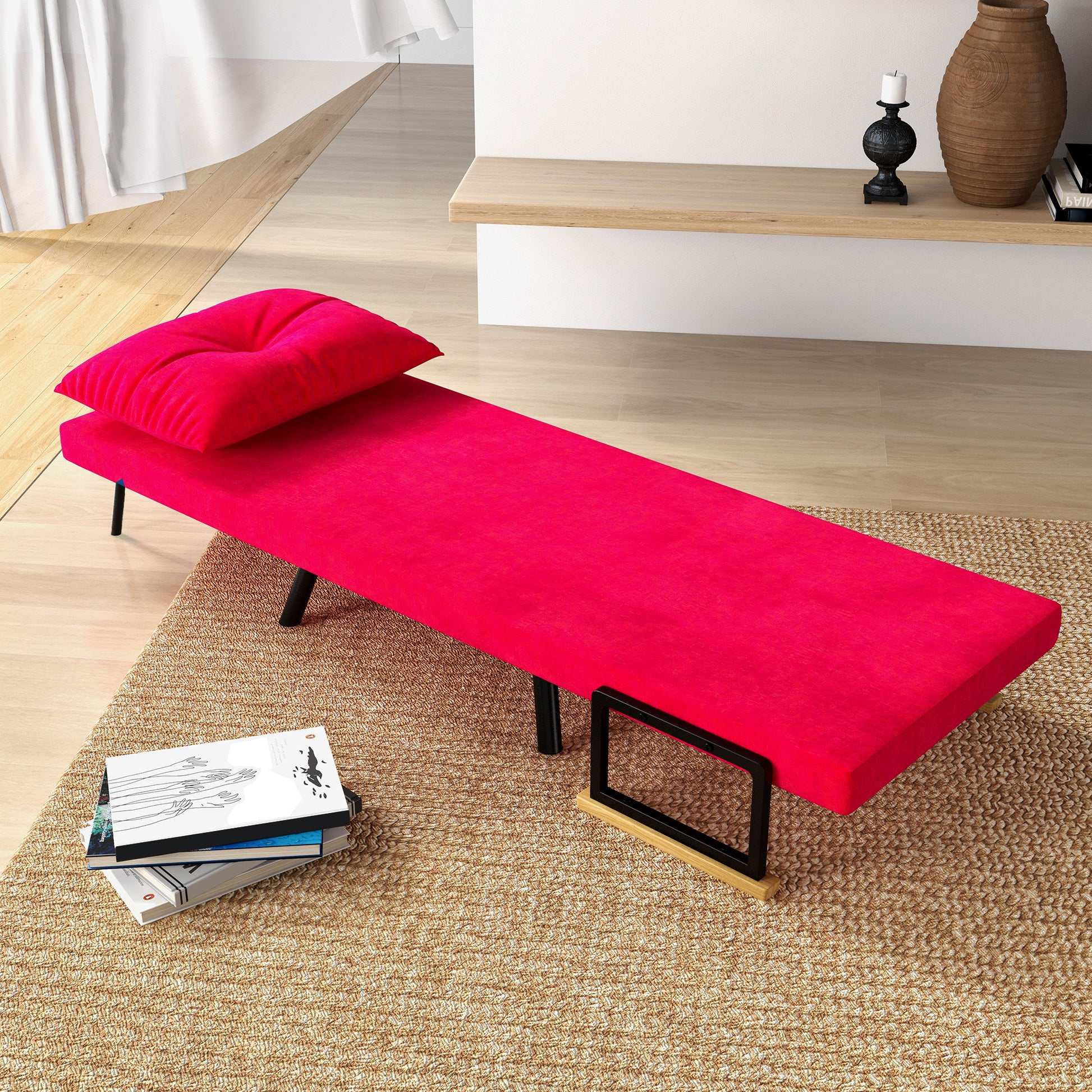 5-Level Adjustable Backrest Sofa Bed with Cushions for Living Room, Upholstered Fabric, Steel and Wood, 63x73x81 cm, Red